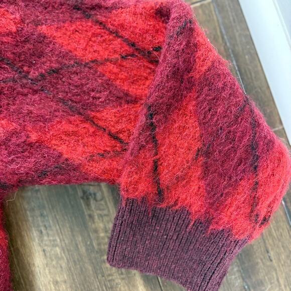 Zara Size S Red Knit Long Sleeve Sweater Chevron Argyle, Ribbed Hem & Cuffs - Picture 7 of 16